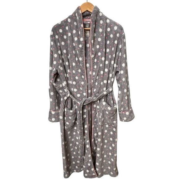 Love To Lounge Fleece Tie Waist Gray Pink White Polka Dot Robe. Large. 10-12. - Picture 1 of 7